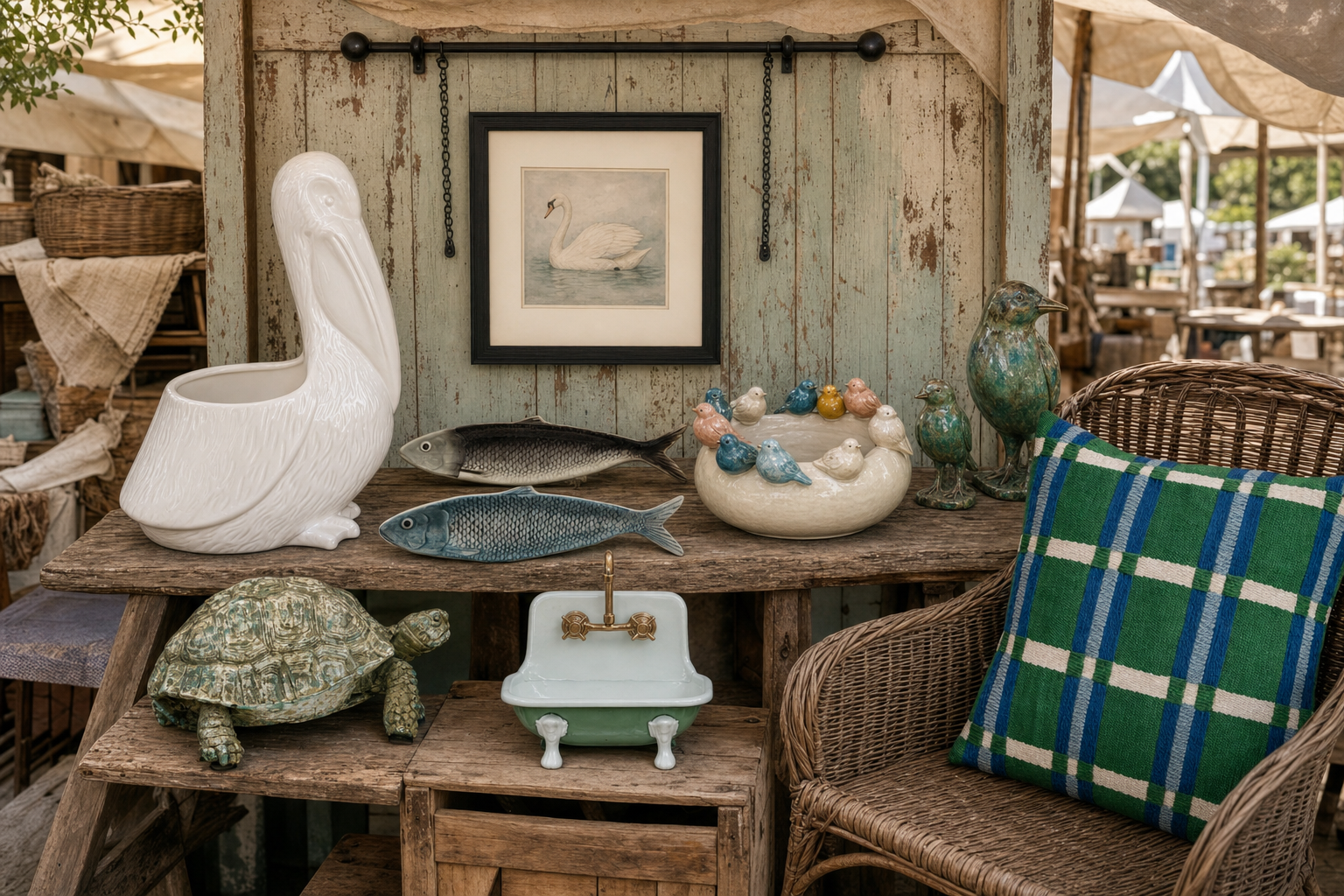 A curated outdoor flea market booth filled with ceramics, art and textiles