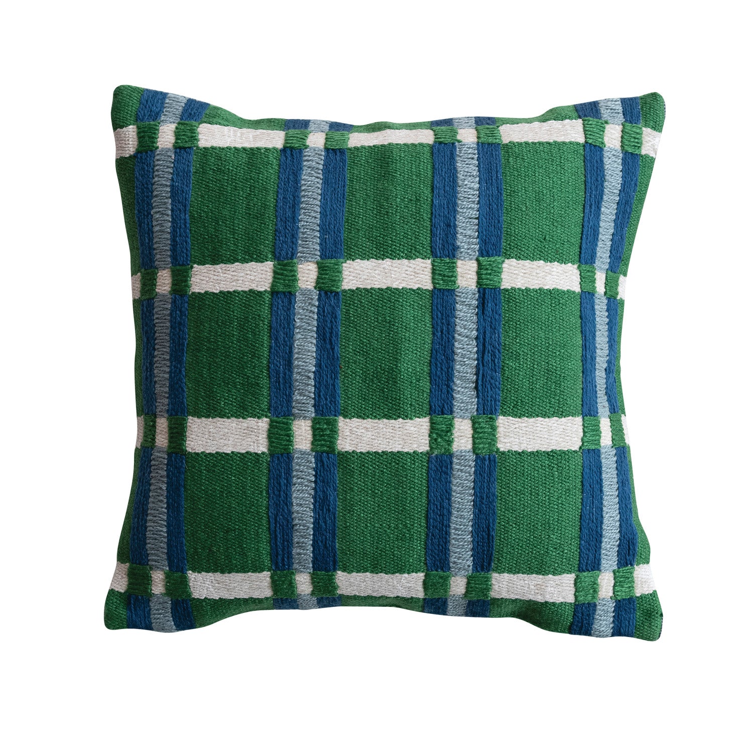 Green and blue embroidered plaid pillow